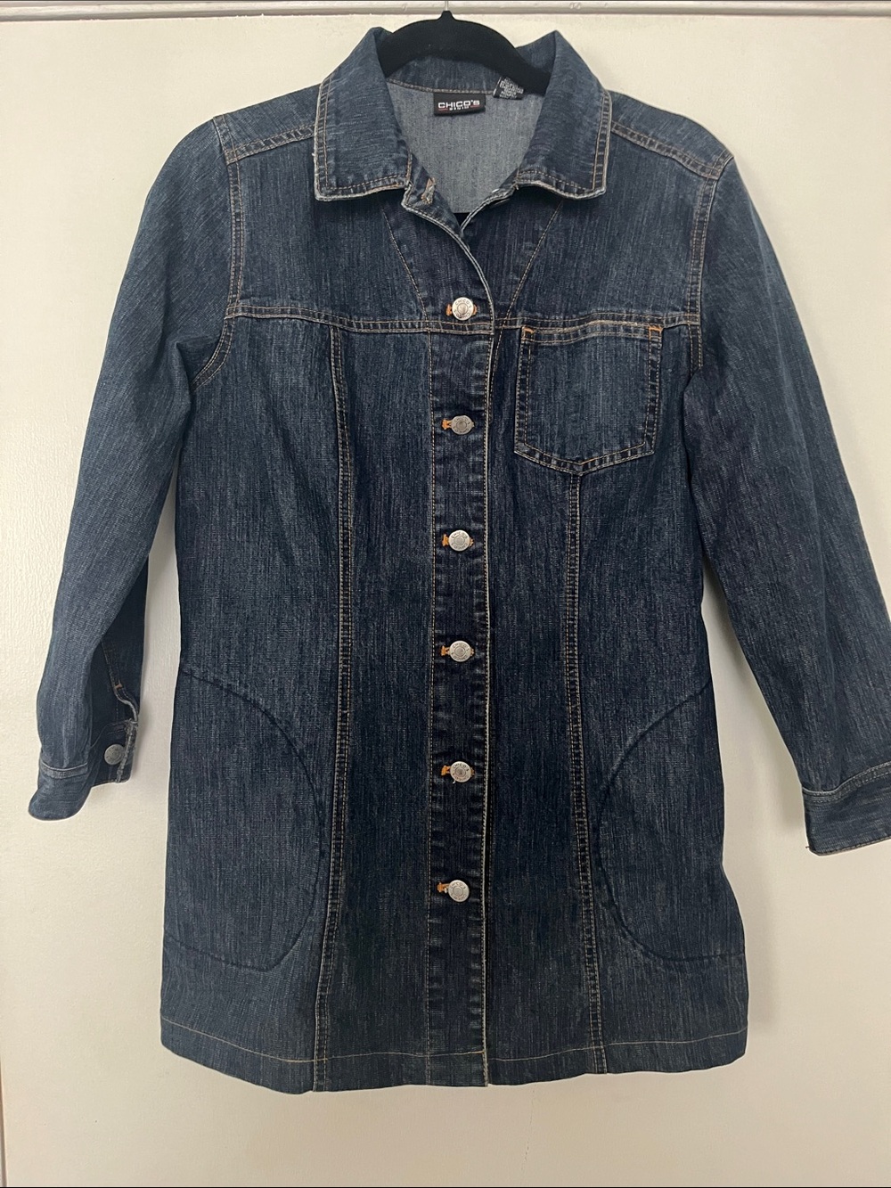 Chico's Dark Blue Denim Jacket with Contrast Stitching